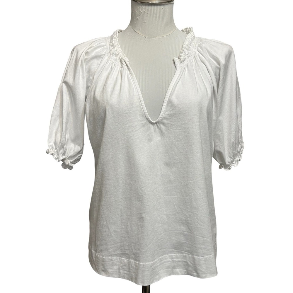 Mersea Sz S Pisco White Split Neck Ruffle Tee Shirt. Relaxed Pima Cotton